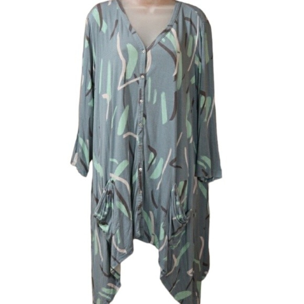 LOGO Lori Goldstein Blue Green Abstract Print Asymmetric Slouchy Pocket Top 3X